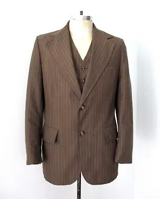 Vtg 70s SUPERFLY Brown Pinstripe Gangster 2-Pc Blazer Vest Pimp Disco Suit 40 • $34.99