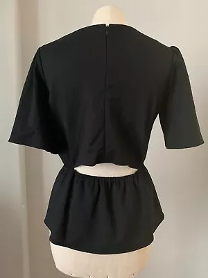 Ann Taylor Black Elastic Waist Pepelum Top Open Back Waist Bell Sleeve Blouse S • $24.99