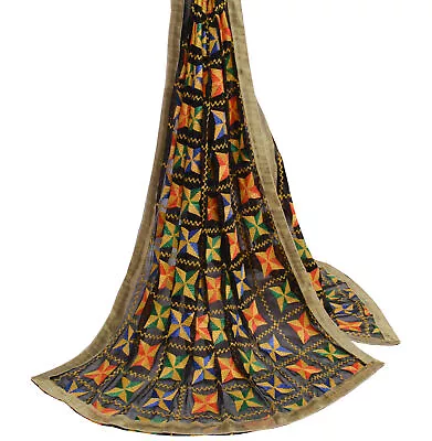Sushila Vintage Black Dupatta Blend Chiffon Silk Phulkari Embroidered Long Stole • $34.49