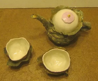 Art Pottery Ceramic Miniature Teapot & 2 Cups INITIALED Very Unique OOAK!!!! • $25