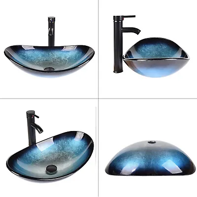 £68.99 • Buy Boat Shape Bathroom Basin Tempered Glass Countertop Sink Cloakroom Wash Bowl Set