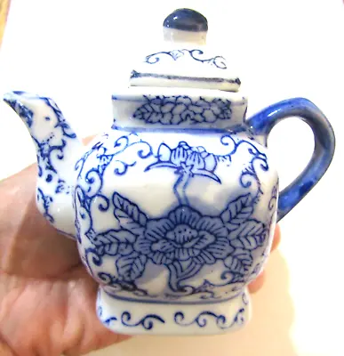 Vintage Miniature Tea Pot Blue White Porcelain 4x2x3.5 Inch • $13.79