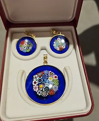 Venetian Glass Millefiori Pendant Necklace & Earring Set In Box Marked AMV 925 • $64.99