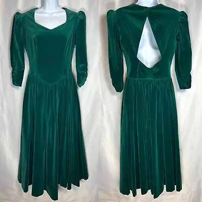 VTG 90s Laura Ashley Velvet Dress Women 10 Midi Keyhole Bow Puff Sleeve Green • $118