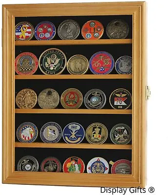 Challenge Coin Display Case 30 Pcs Medal Military Oak Cabinet Wood US Shadow Box • $69.99