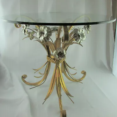 1960s Gold Gilt Italian Hollywood Regency Floral Side Table With Heavy Glass Top • $385