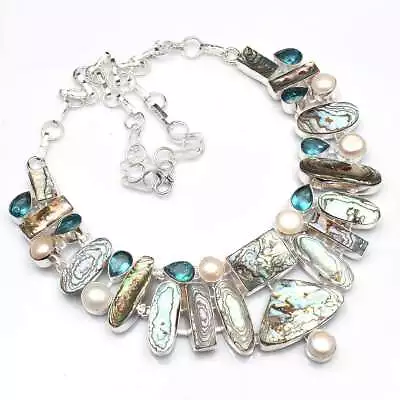 Abalone Shell Blue Topaz Handmade Big Necklace Jewelry 84 Gms LBN-1348 • $2.22