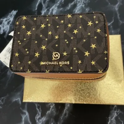 Michael Kors Small Jewelry Make-up Case Leather Brown Stars Jet Set Travel NEW • $49