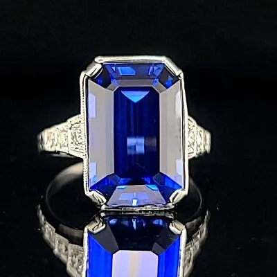 Vintage 14k White Gold Engagement Ring 7.13CT. Blue Sapphire Rectangular Cut • $2950
