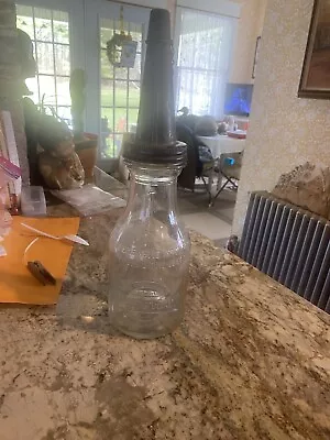 Vintage Quart Glass Oil Bottle Huffman Oil Bottle With Spout & Lid Embossed • $95