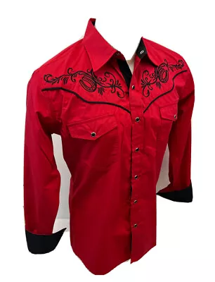 Mens RODEO WESTERN Shirt HORSESHOE RED BLACK TRIBAL STITCH SNAP UP Cowboy 1145 • $44.99