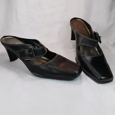 Merona Black Leather SHOES Womens Size 11 B Slip On Heels Mules Buckle Strap • $24