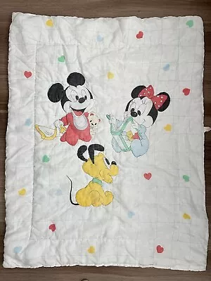 Vtg Disney Baby Babies Quilt Blanket Mickey Minnie Mouse Pluto Hearts Comforter • $45