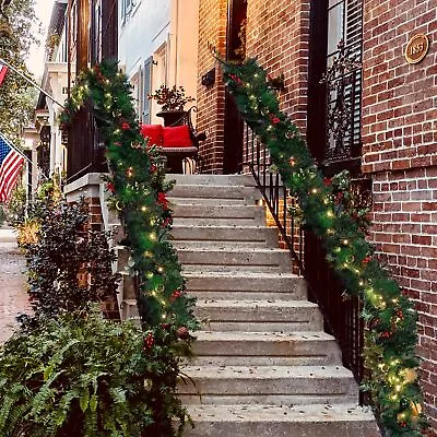 9 FT Pre-lit Christmas Garland Timer Fireplace Stair Wall Door Indoor Décor 2Pcs • $80.91