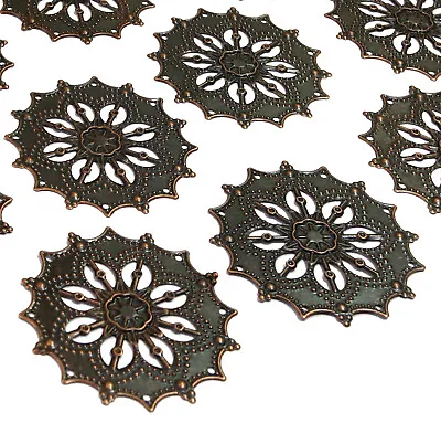 10 X Flower Embellishments Charms Stamped Filigree Copper Tone Metal Craft 44mm • £2.08