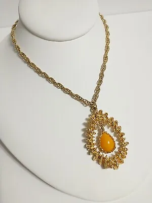 Vintage Sarah Coventry Necklace Butterscotch Teardrop Pendant Gold Tone Signed • $12.99