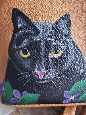  Black Cat Tan Pu Leather Twin Handled Handbag Hand Painted Death Head Moth F &f • £32