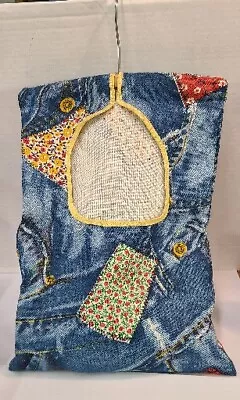 Vintage Patchwork Blue Jeans Print Hanging Clothes Pin Bag & Clothes Pins • $10
