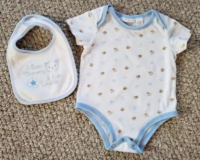 First Impressions By Macy's White Ringer Bodysuit Pawprints With Bib 6-9 M • $2
