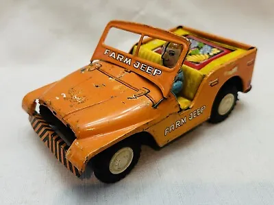 Vintage TN Nomura Japan Orange Tin Litho Friction Farm Jeep WORKS!!! • $25