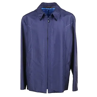 Zilli Navy Blue Silk Jacket With Lambskin Leather Details 3XL (Eu 60) NWT • $2395
