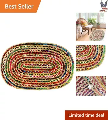 Handwoven Reversible Rag Rug - Boho Farmhouse Accent Throw Rug - 3' X 5' Oval • £43.42