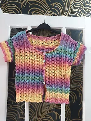 Brand New Hand Knitted Ladies Rainbow Cardigan Size 12/14 • £15