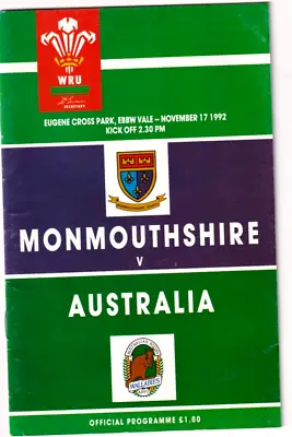 AUSTRALIA 1992 RUGBY TOUR PROGRAMME V MONMOUTHSHIRE AT EBBW VALE-EXCELLENT COPY • £5