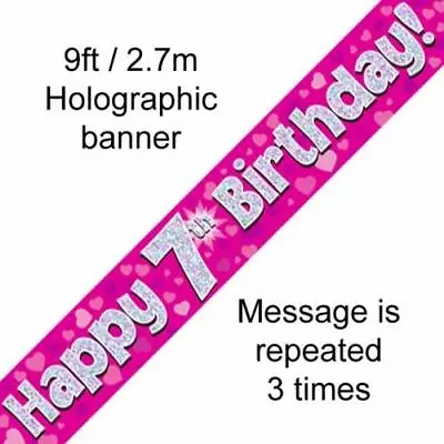 AGE 7 ' HAPPY BIRTHDAY ' PARTY  BANNER - 7th  PINK GIRL - FAST DISPATCH • £2.29