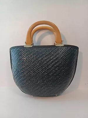 Vintage Fashion Imports Italy Ladies Black Straw Handbag Bamboo Handles • $22.99