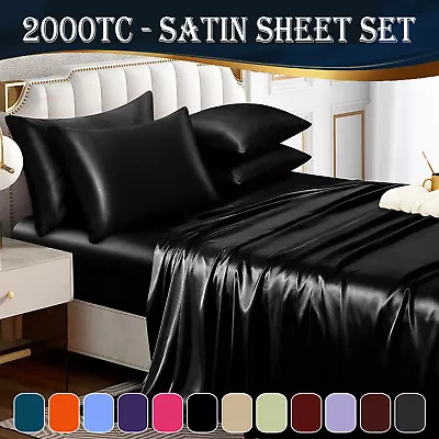 2000TC Silk Satin Fitted Sheet Set Bedding Pillowcase Single/Double/Queen/King • $3.99