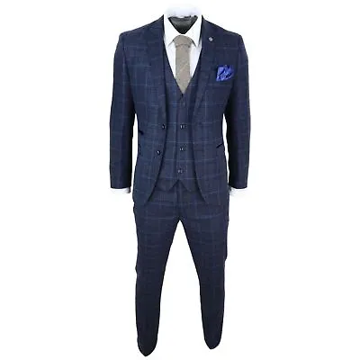Mens Navy Blue Tweed Check 3 Piece Suit Double Breasted Waistcoat Vintage • £149.99