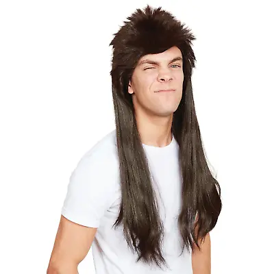 Mullet Wig Long Brown Pat Sharpe 80's 90's Mens Fancy Dress Costume Accessory • £10.99