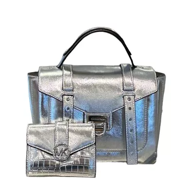 Michael Kors Manhattan Medium Satchel Shoulder Crossbody Bag + Wallet Set Silver • $139.80