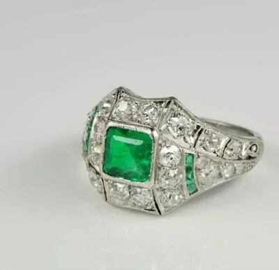 Princess Cut Emerald & Lab Created Diamond Wedding 14Ct White Gold Filled Ring • $103.35