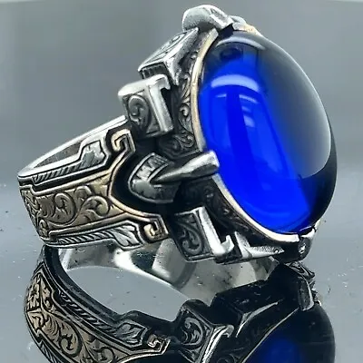 Men Blue Oval Sapphire Stone Ottoman Style Ring • $75