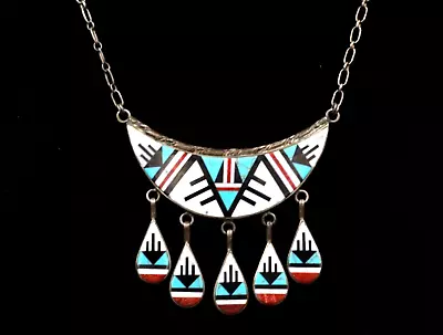 Vintage  Zuni Multi-Stone Inlay Turquoise Coral Onyx Dangle Necklace • $499