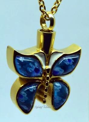 24k Gold Plated Blue Butterfly Cremation Urn Keepsake Necklace Ashes Vial Charm • £35.99