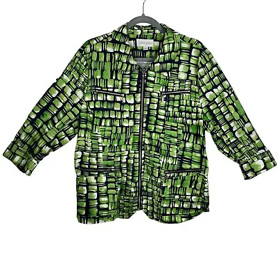 Erin London Womens XL Crop Jacket Zip Up Colorful Cotton Lime Green Navy Multi  • $21.50