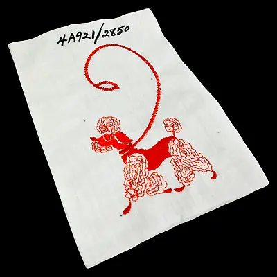 Vintage Embroidered Sample On Linen Poodle Walking MCM Red Quilt Block 5  X 2.5  • $6
