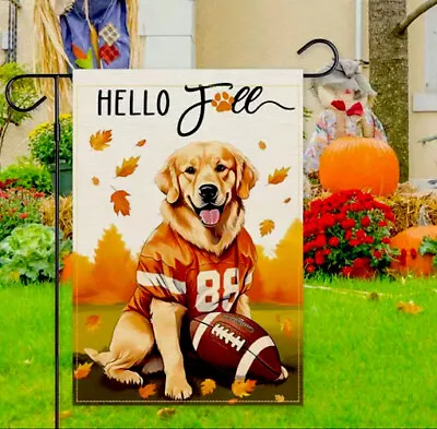 Mini Hello Fall Garden Flag Golden Retriever Leaves Dog Pumpkins NEW Football • $10