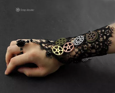 Womens Girls Steampunk Gears Lace Cuff Fingerless Gloves Black • $17