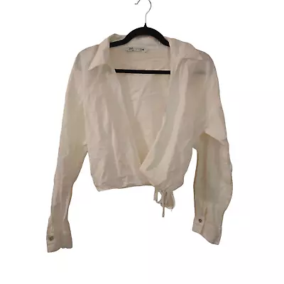 Zara Collection Ivory Wrap Crop Blouse With Tie Waist Detail - Med • $15