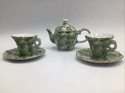 Vintage Miniature ￼￼Porcelain Green Floral Teapot W/2 Cups/Saucers Display Set • $13.49