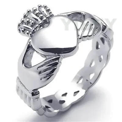 Men's Crucible Stainless Steel Celtic Eternity Claddagh Ring Heart Crown Band HP • $11.84