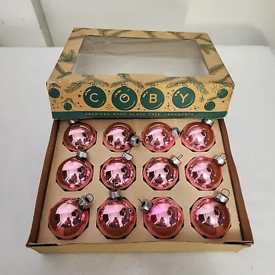 12 Vintage COBY Baby Pink Round Glass Christmas Tree Ornaments+Original Box USA • $55.57