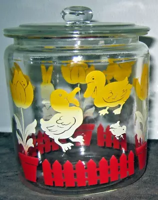 Vintage 1950's Anchor Hocking Glass Cookie  Cracker Jar Bunny Lamb Duck Tulip • $32