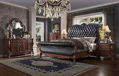 SPECIAL - Cherry Oak Brown & Faux Leather Queen King Bedroom Set Furniture IAAH • $5855.97