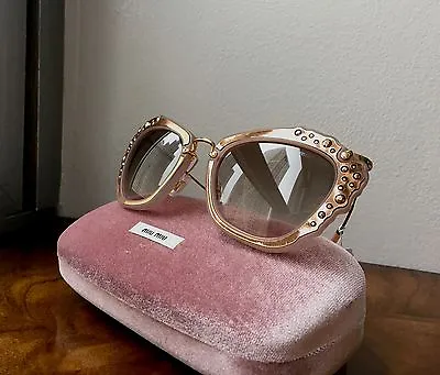 NWT MIU MIU Noir SMU O4Q Irregular Cat Eye Pink Gold With Gold Crystals $540 • $129.99