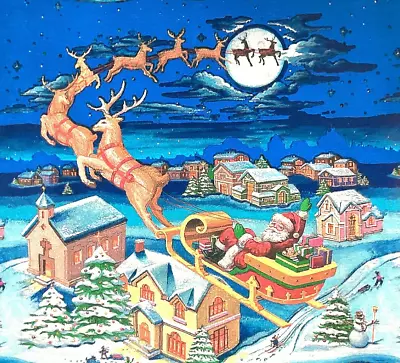 VINTAGE CHRISTMAS GIFT WRAP SMILING SANTA REINDEER SLEIGH In The Sky 2ft X 20in • $5.97
